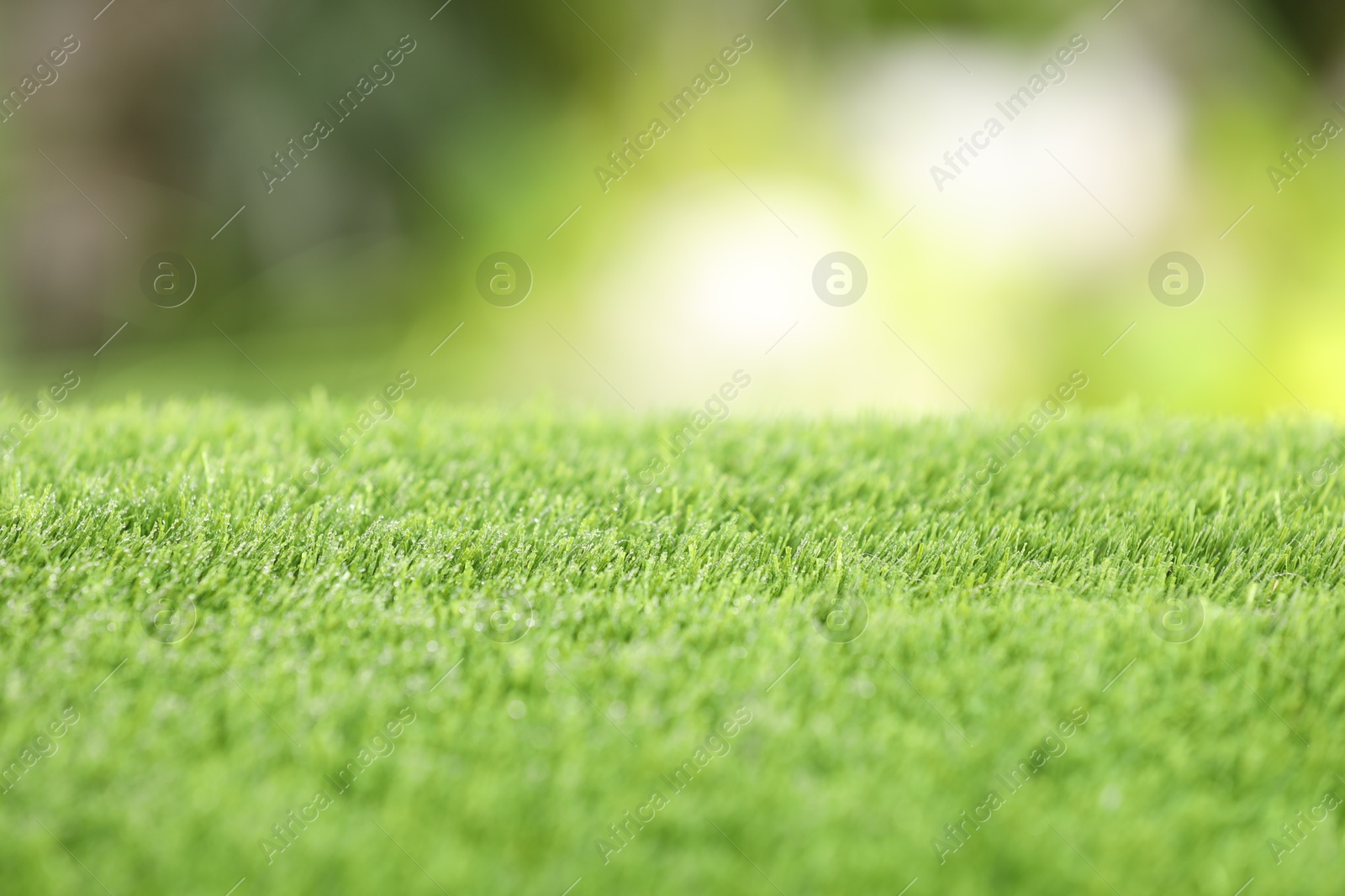 Photo of Green artificial grass against blurred background, closeup