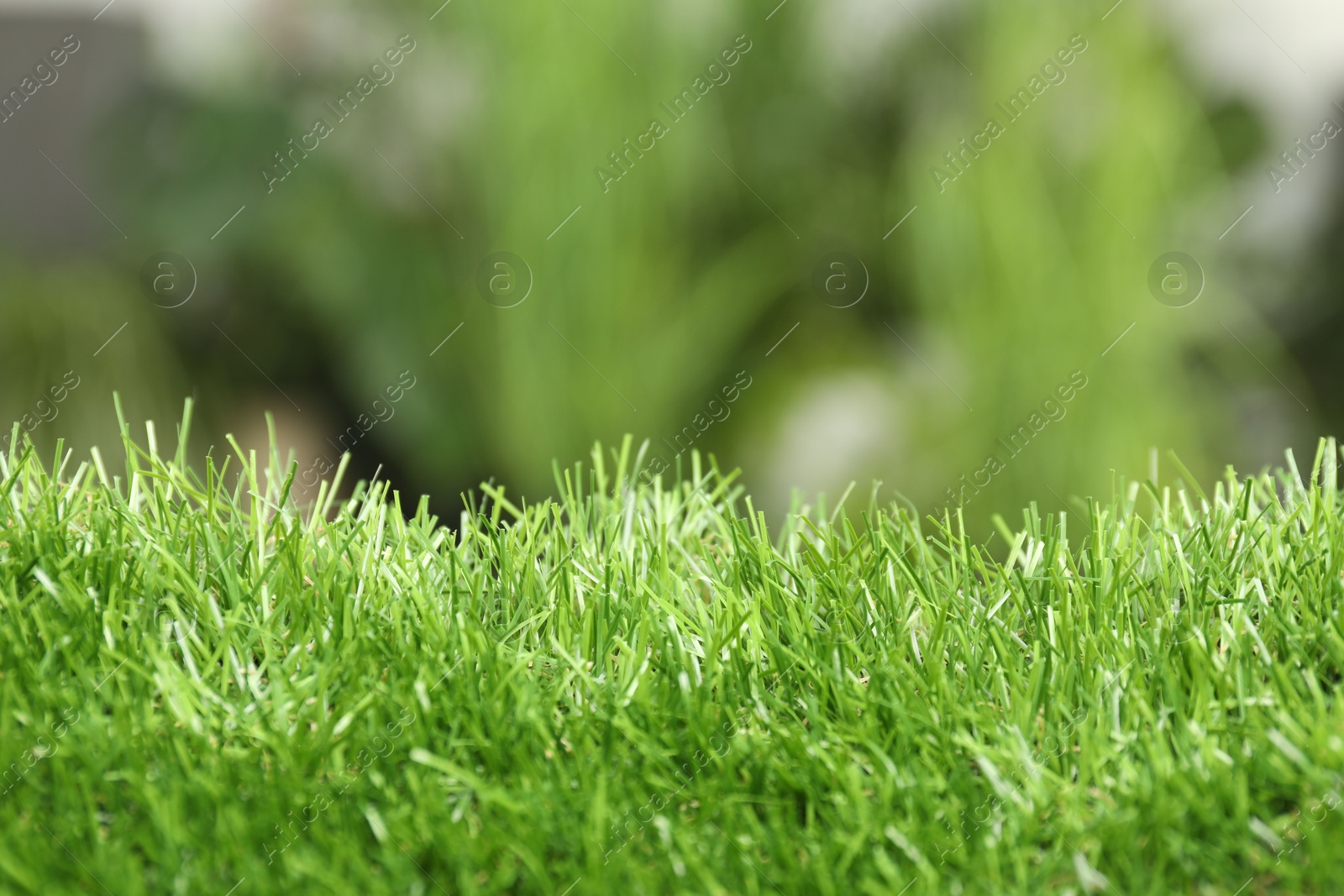 Photo of Green artificial grass against blurred background, closeup