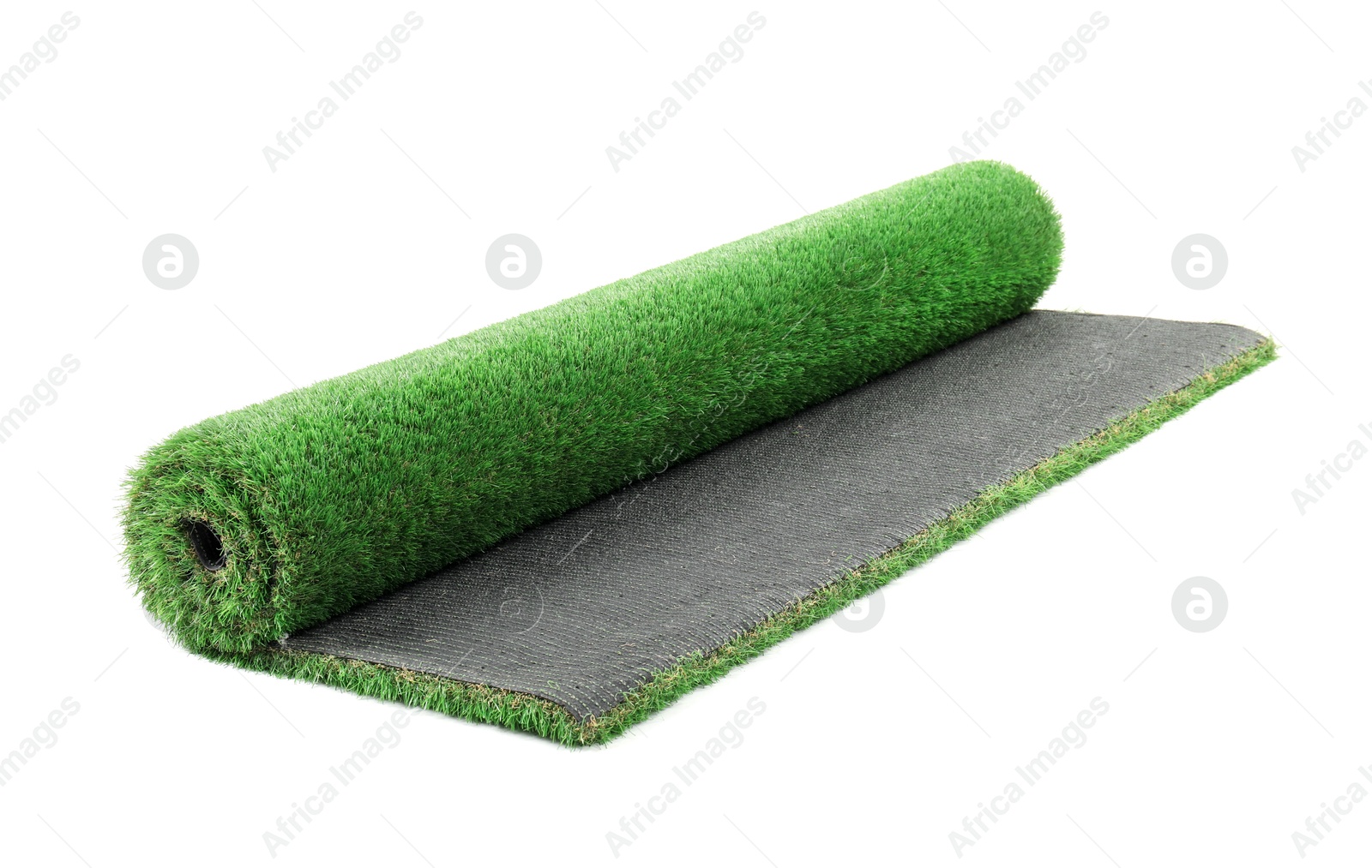 Photo of Roll of green artificial grass isolated on white