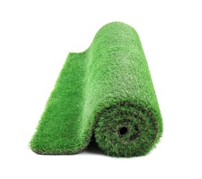 Photo of Roll of green artificial grass isolated on white