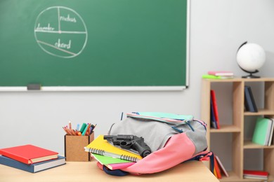 School stationery, gun and backpack on desk in classroom