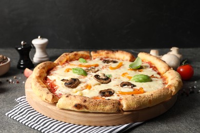 Photo of Delicious vegetarian pizza, spices and tomato on grey table