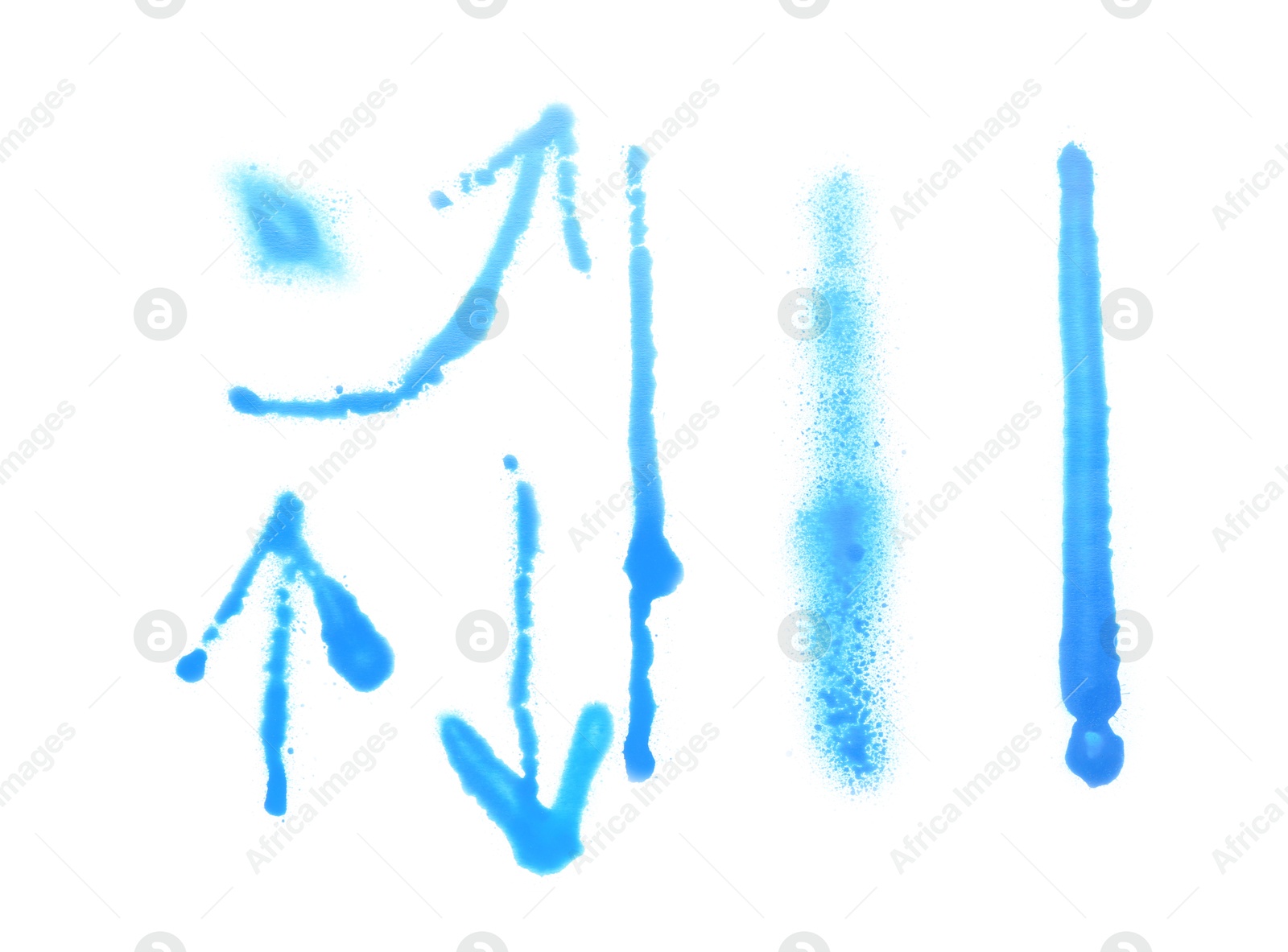 Photo of Different symbols made with light blue spray paint isolated on white, top view