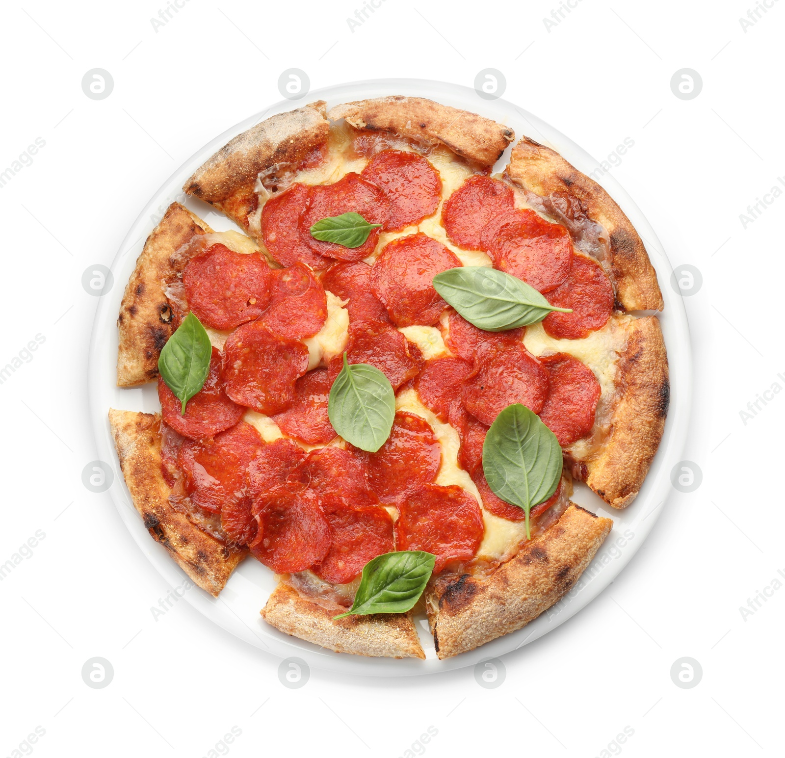 Photo of Tasty pepperoni pizza with basil isolated on white, top view