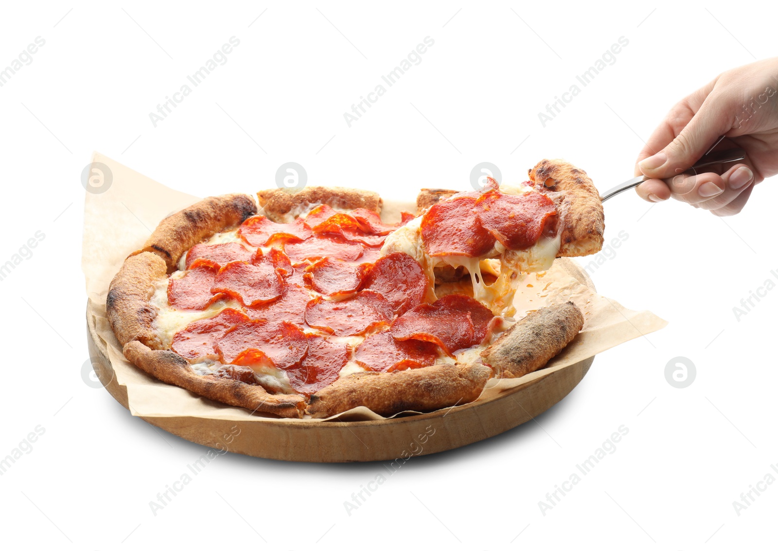 Photo of Woman taking piece of tasty pepperoni pizza on white background, closeup