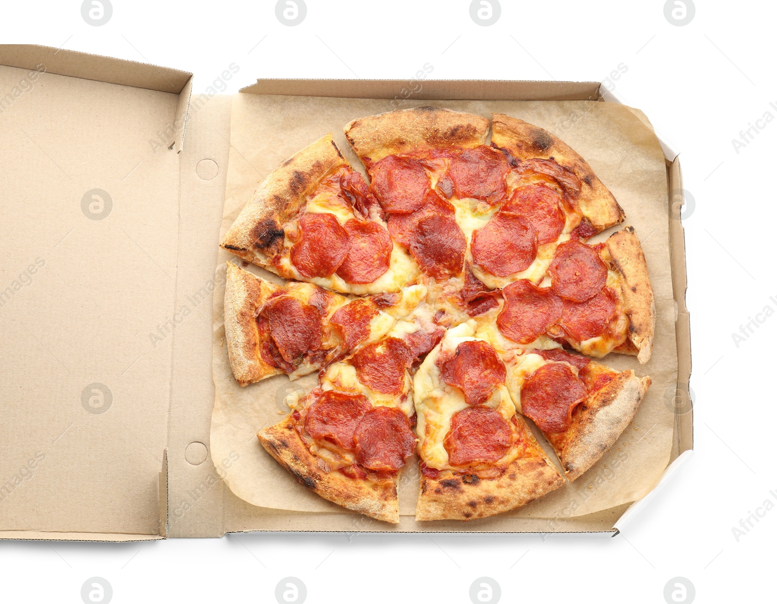 Photo of Tasty pepperoni pizza in cardboard box isolated on white, top view