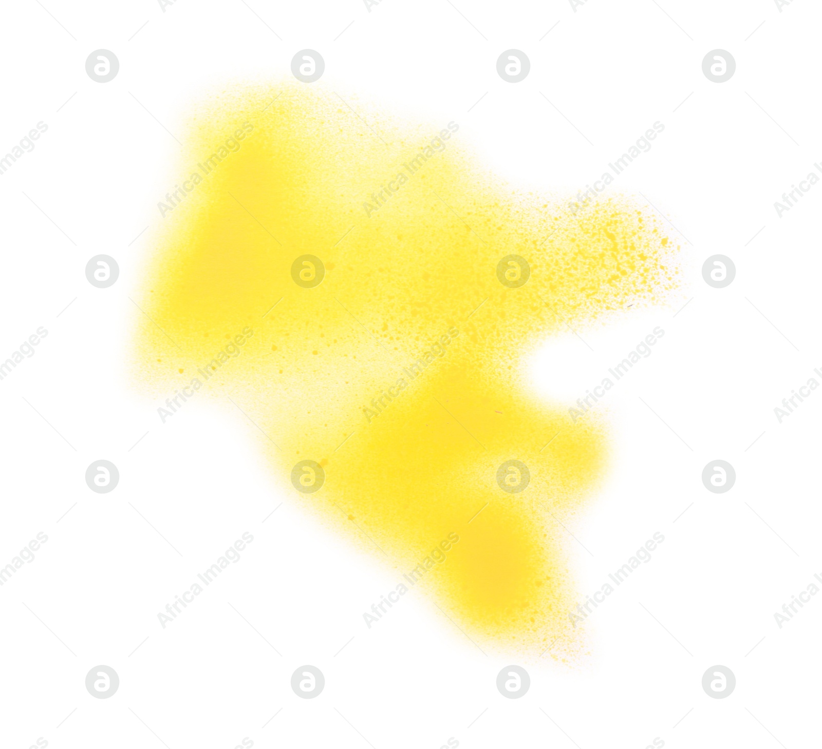 Photo of Abstract picture drawn by yellow spray paint isolated on white, top view