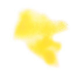 Photo of Abstract picture drawn by yellow spray paint isolated on white, top view