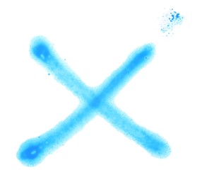 Photo of Crossed lines drawn by blue spray paint isolated on white, top view