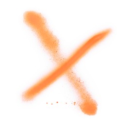 Photo of Crossed lines drawn by orange spray paint isolated on white, top view