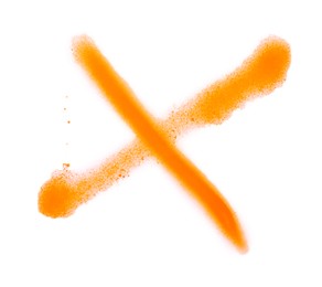 Photo of Crossed lines drawn by orange spray paint isolated on white, top view