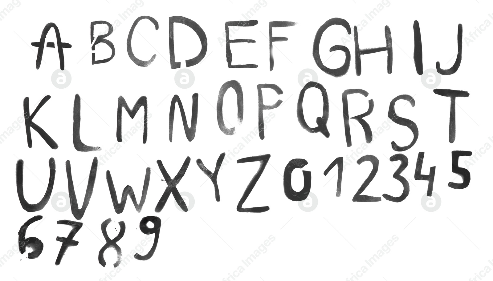 Photo of Alphabet written by grey spray paint isolated on white, top view