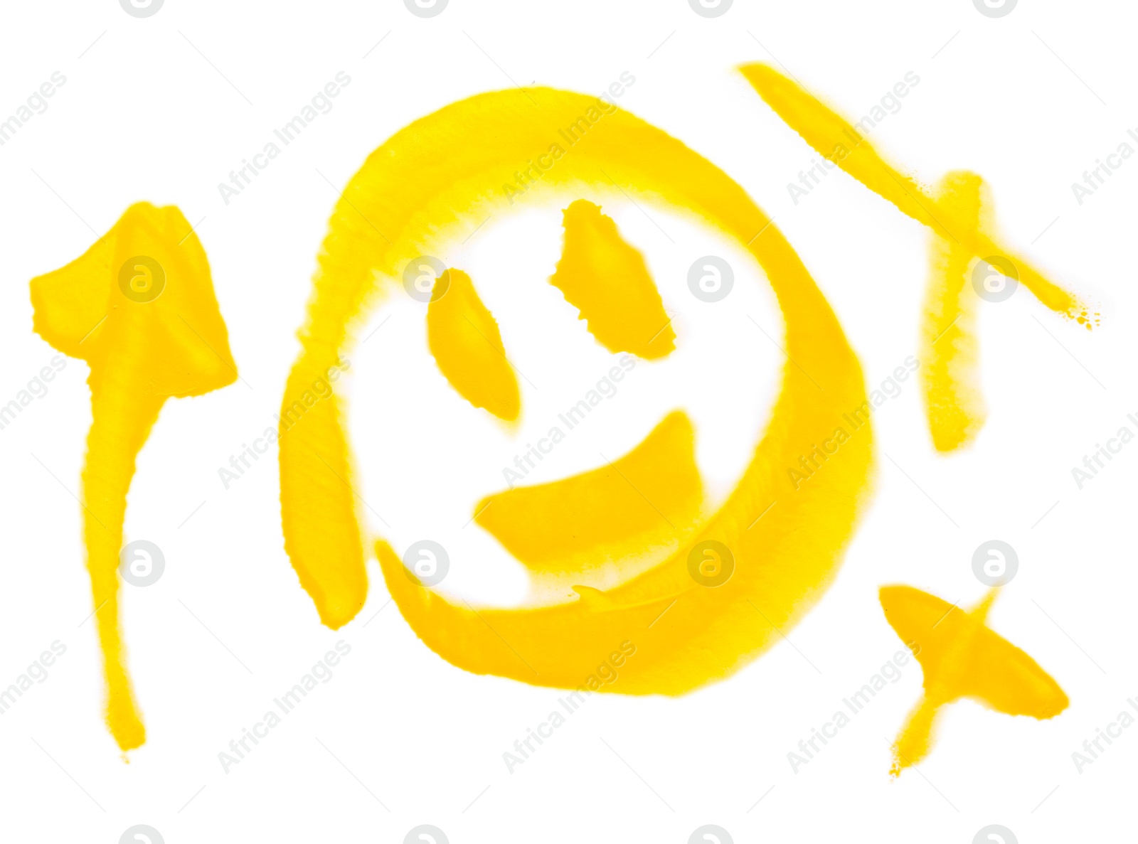 Photo of Crossed lines and smile drawn by yellow spray paint isolated on white, top view