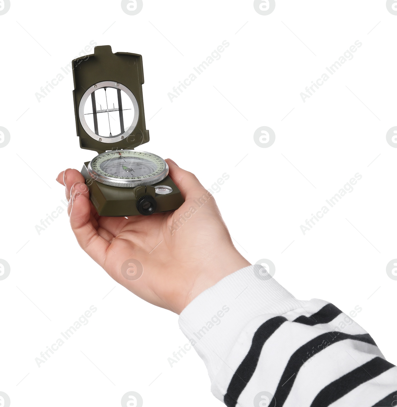 Photo of Woman holding compass on white background, closeup