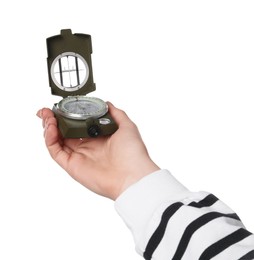 Photo of Woman holding compass on white background, closeup