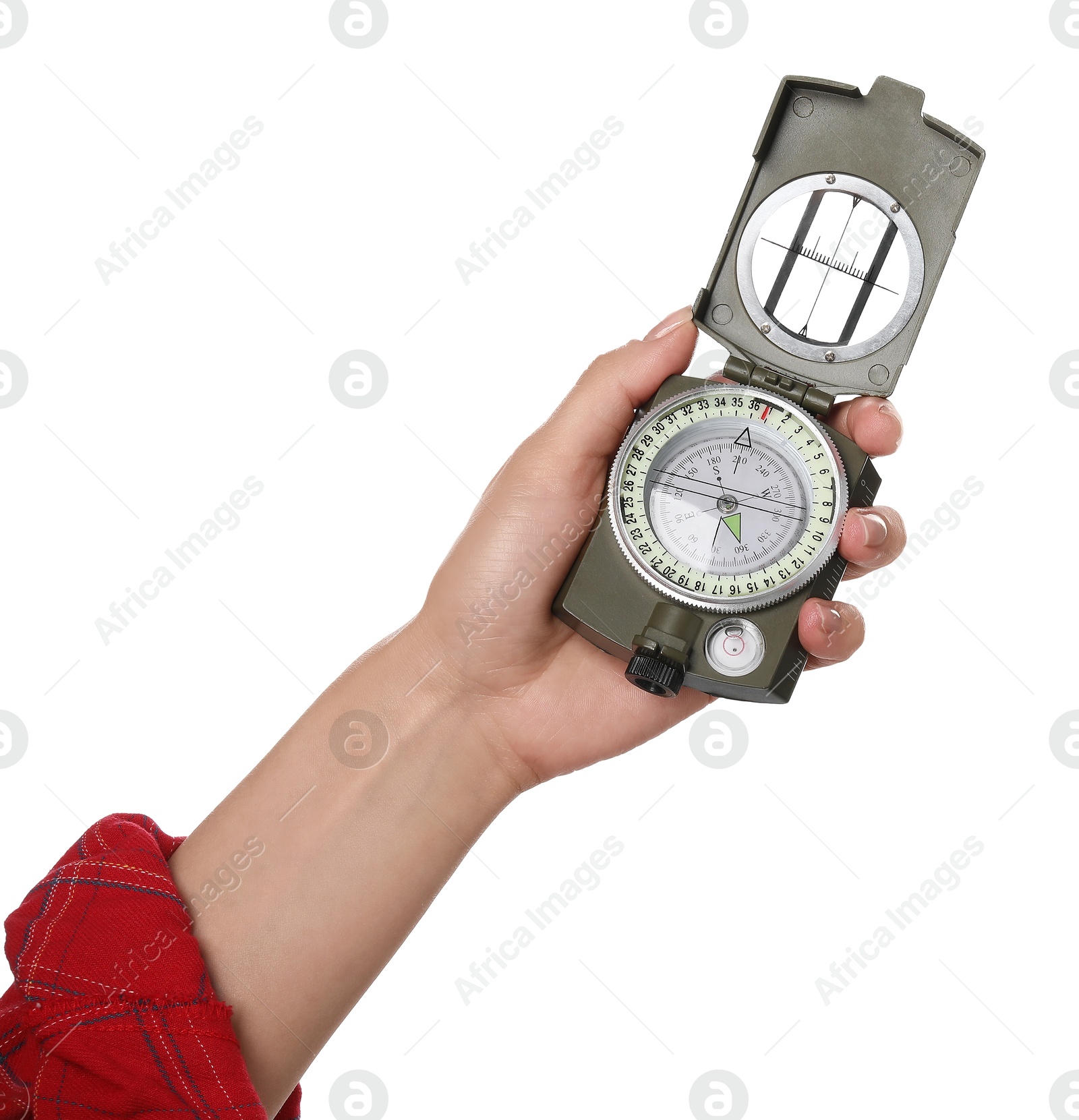 Photo of Woman holding compass on white background, closeup