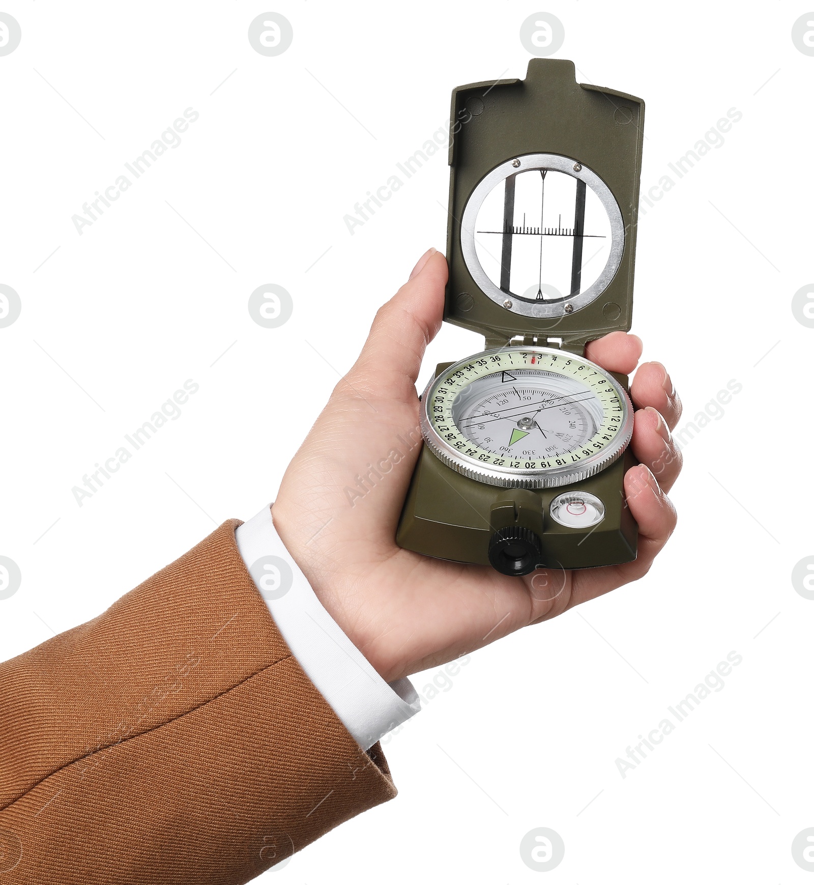 Photo of Woman holding compass on white background, closeup