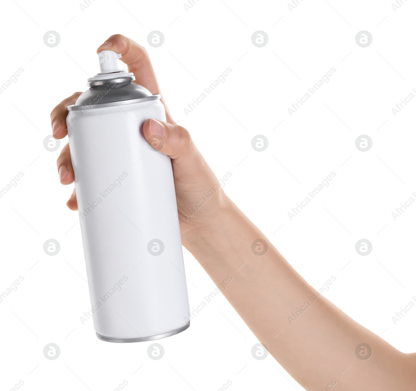 Photo of Man with can of spray paint on white background, closeup