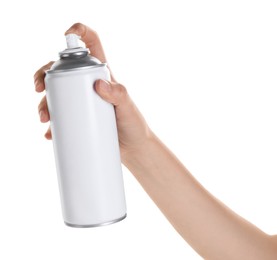 Photo of Man with can of spray paint on white background, closeup