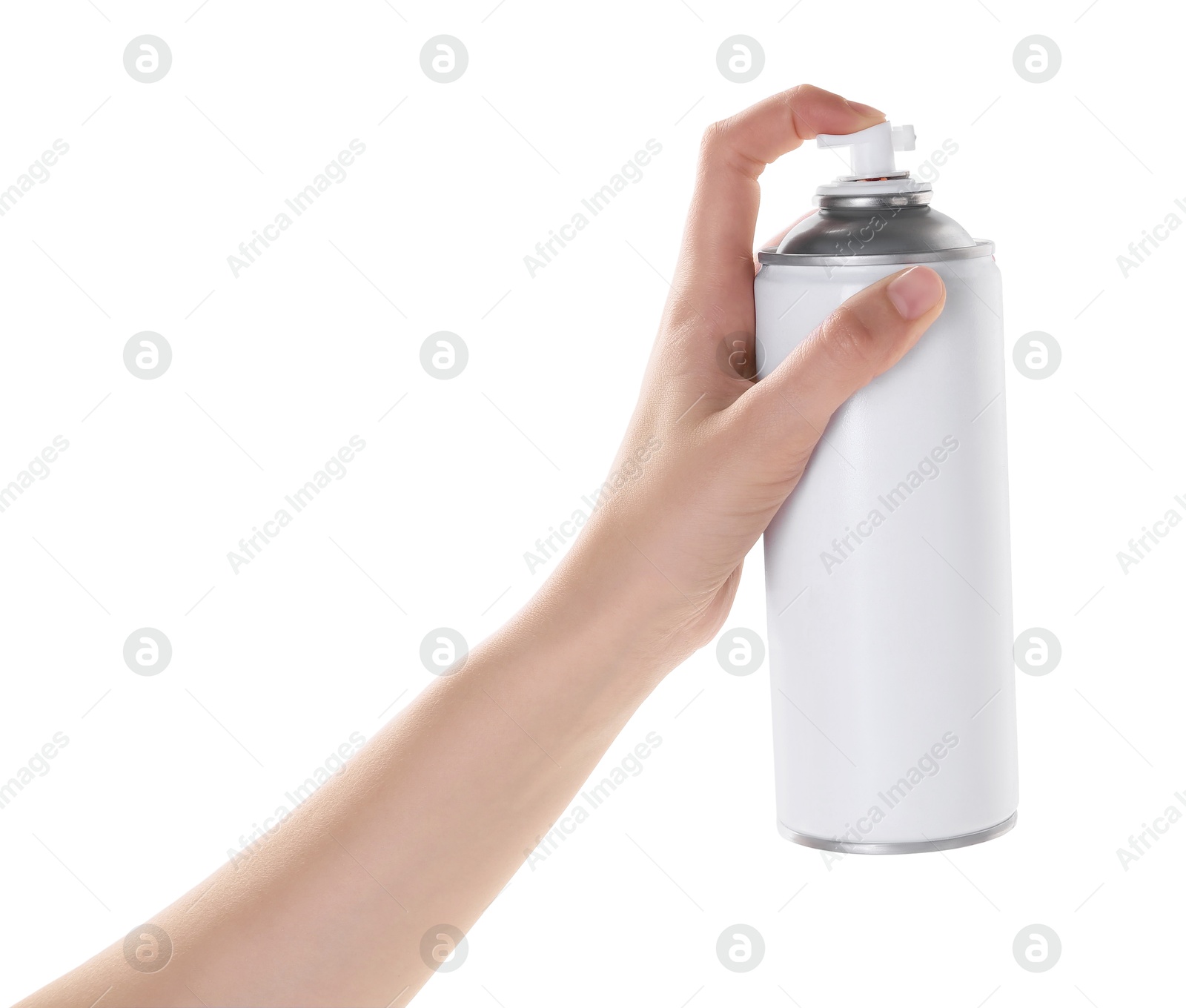 Photo of Man with can of spray paint on white background, closeup