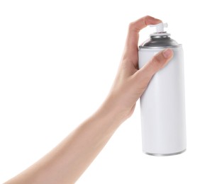 Photo of Man with can of spray paint on white background, closeup