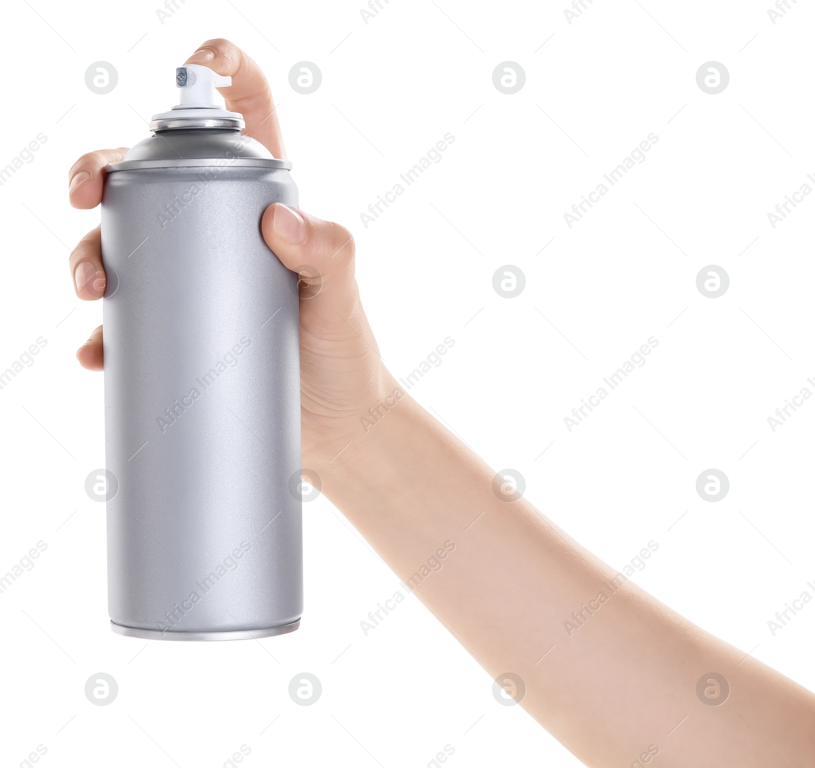 Photo of Man with can of spray paint on white background, closeup