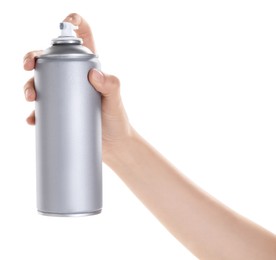 Photo of Man with can of spray paint on white background, closeup