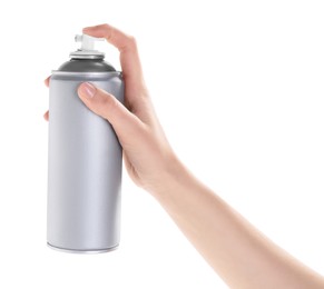 Photo of Man with can of spray paint on white background, closeup