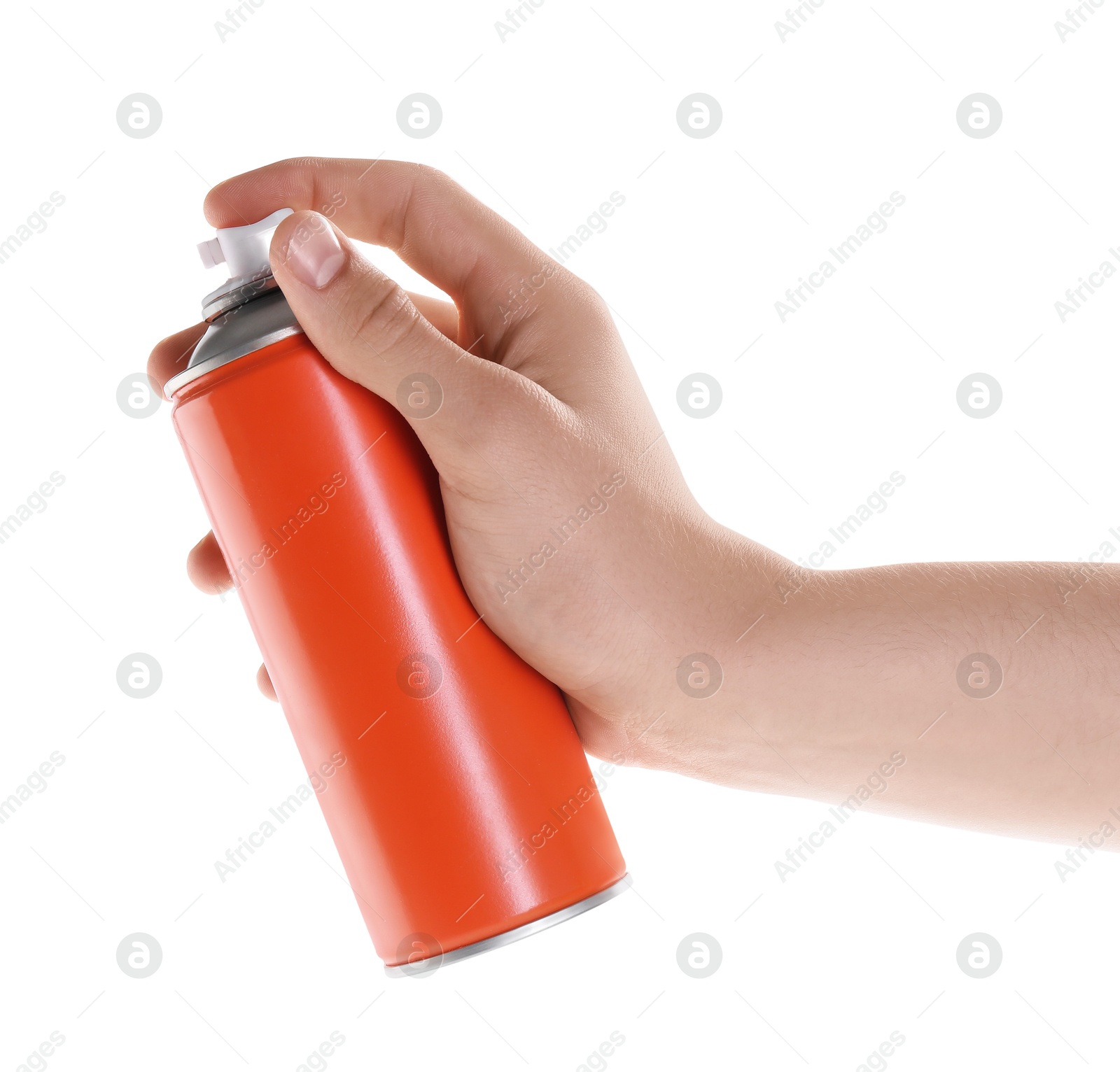 Photo of Man with can of spray paint on white background, closeup