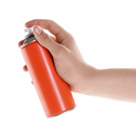 Photo of Man with can of spray paint on white background, closeup