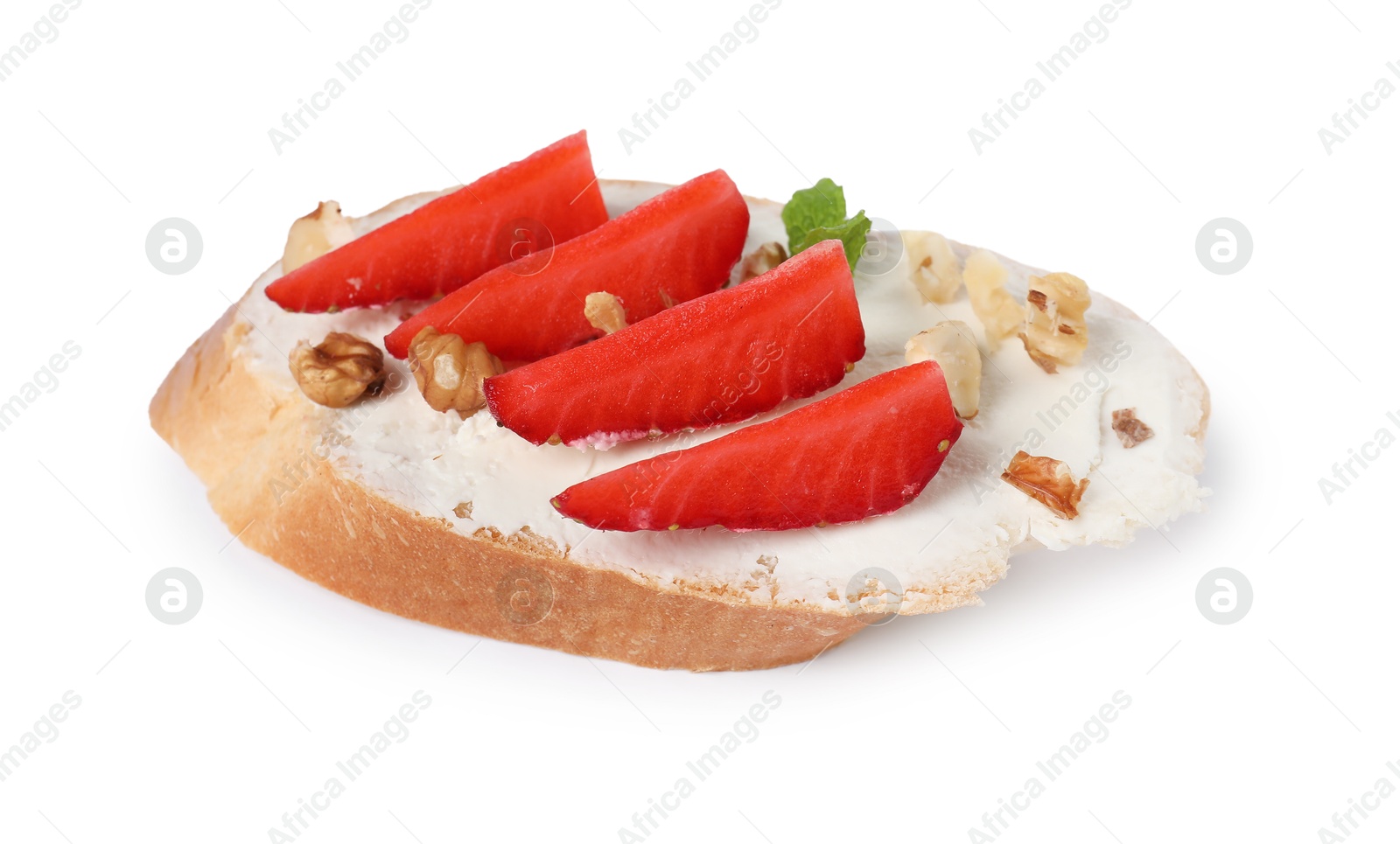 Photo of Delicious bruschetta with ricotta cheese, mint, walnuts and strawberries isolated on white