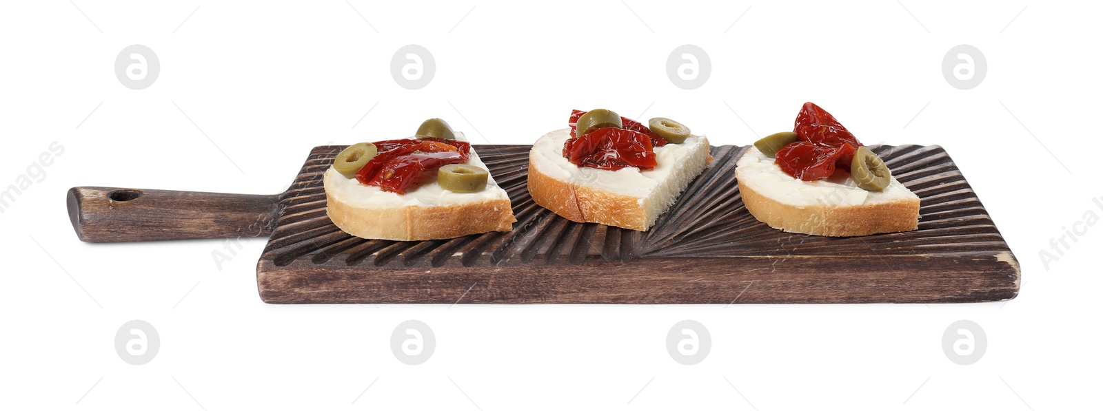 Photo of Delicious bruschettas with ricotta cheese, sun dried tomatoes and olives isolated on white