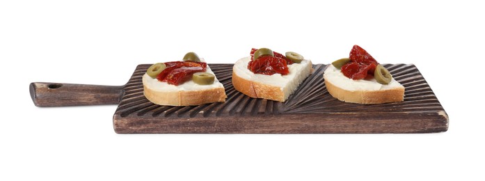 Delicious bruschettas with ricotta cheese, sun dried tomatoes and olives isolated on white