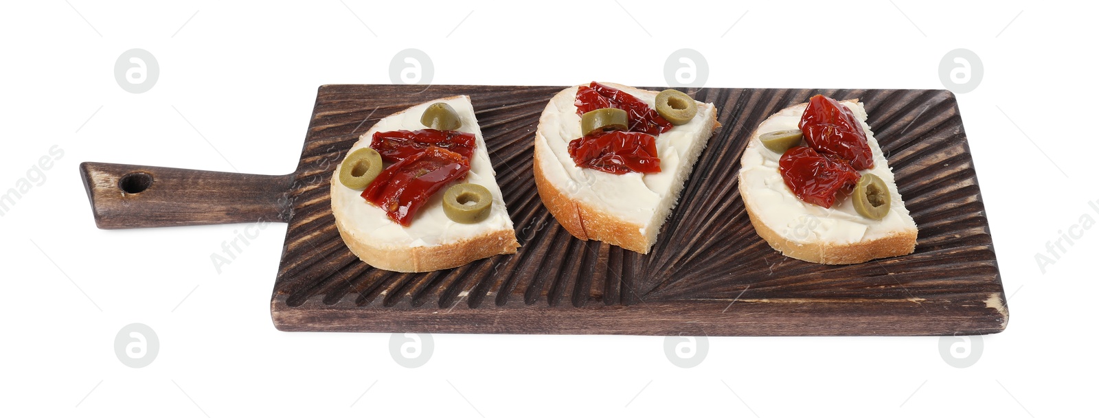 Photo of Delicious bruschettas with ricotta cheese, sun dried tomatoes and olives isolated on white