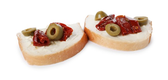 Photo of Delicious bruschettas with ricotta cheese, sun dried tomatoes and olives isolated on white
