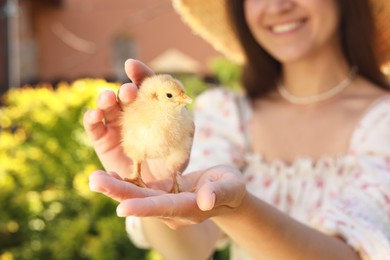 Woman with cute chick outdoors, selective focus. Baby animal