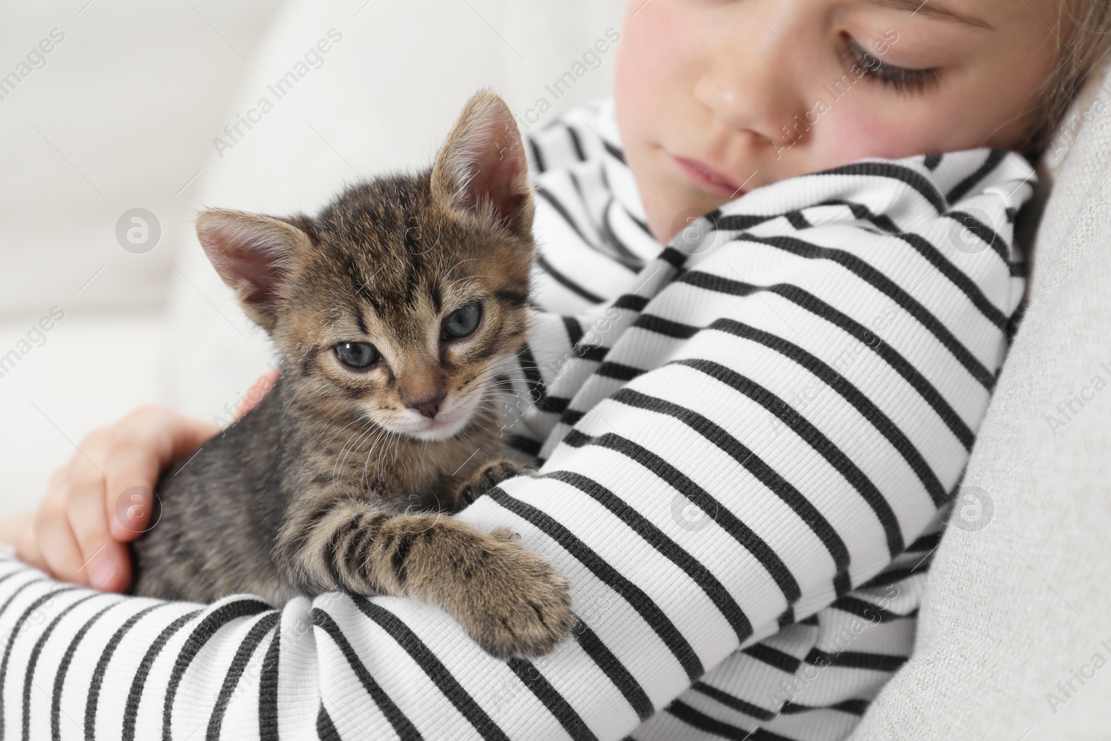 Photo of Little girl with cute fluffy kitten, closeup