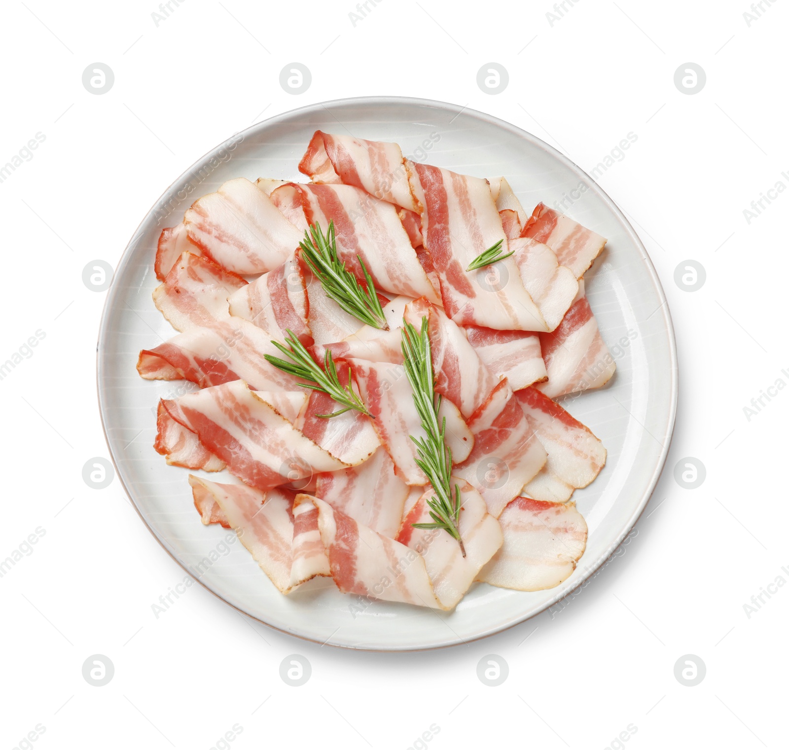 Photo of Slices of raw bacon and rosemary isolated on white, top view