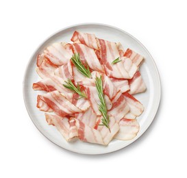 Photo of Slices of raw bacon and rosemary isolated on white, top view