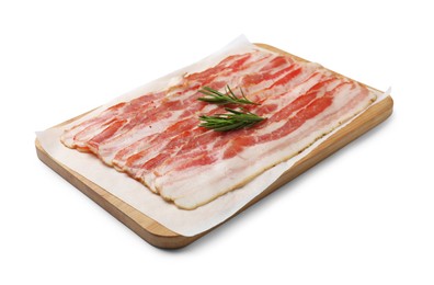 Photo of Slices of raw bacon and rosemary isolated on white