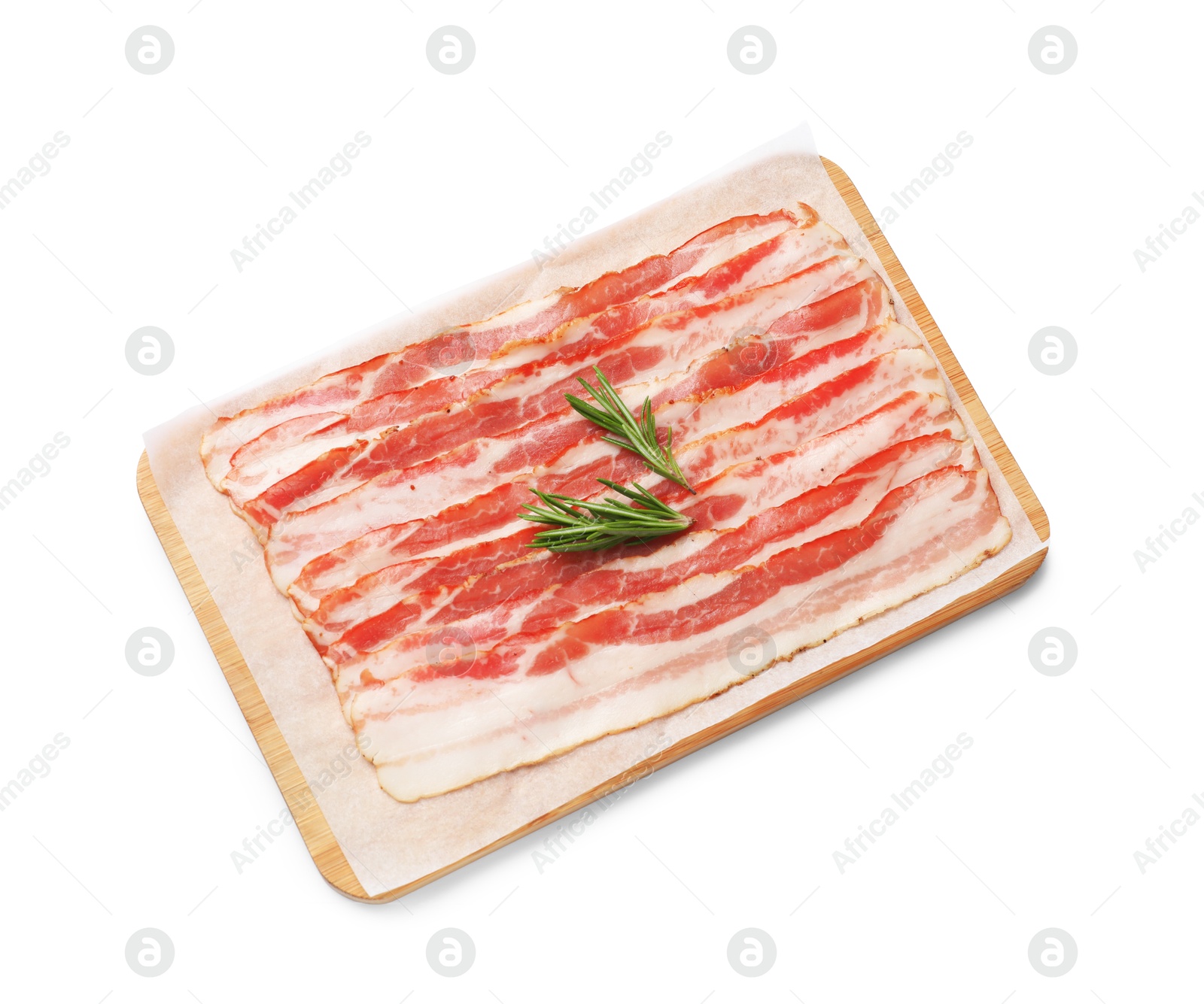 Photo of Slices of raw bacon and rosemary isolated on white, top view