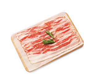 Slices of raw bacon and rosemary isolated on white, top view