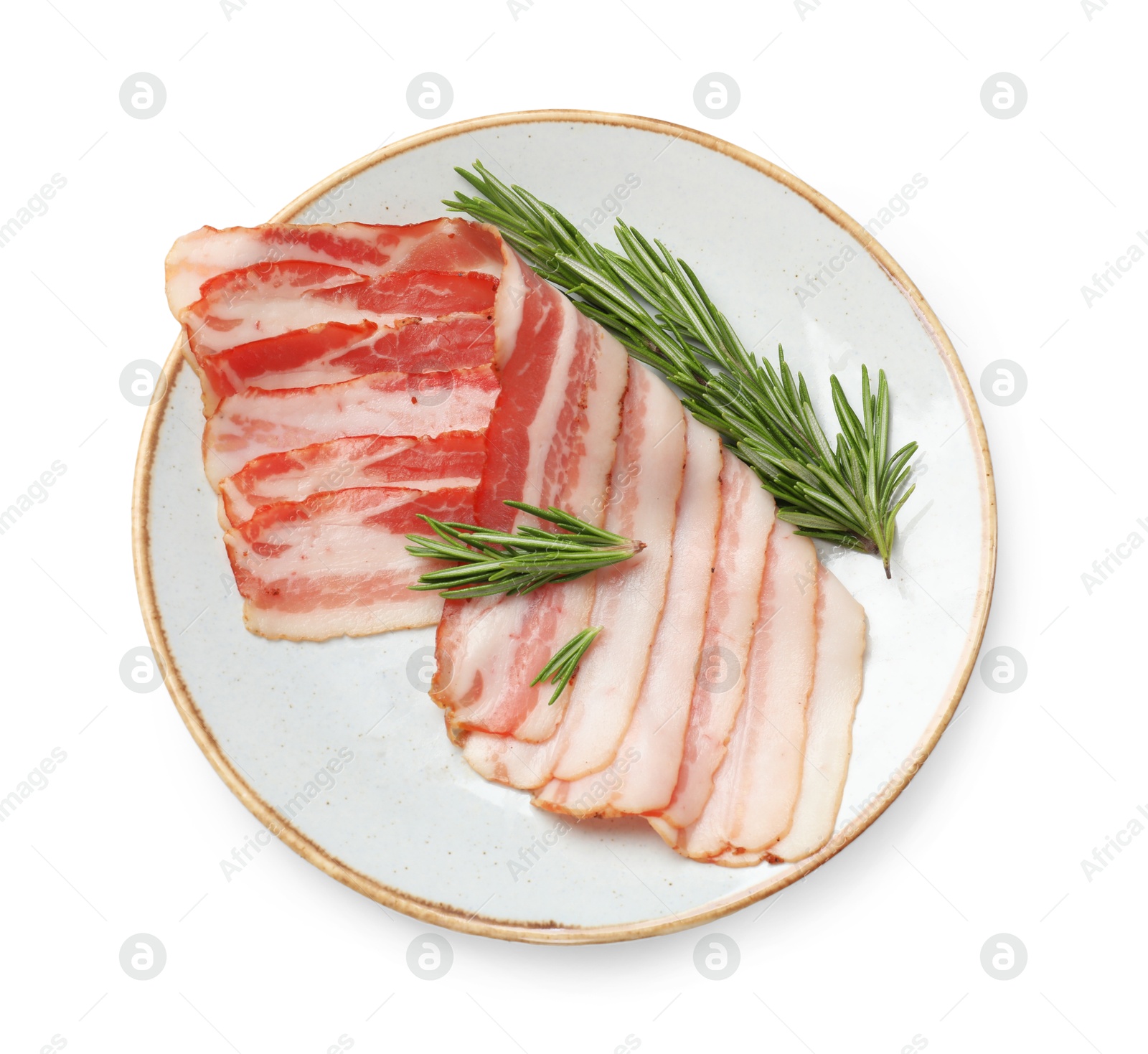 Photo of Slices of raw bacon and rosemary isolated on white, top view