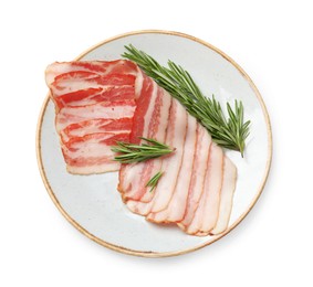 Slices of raw bacon and rosemary isolated on white, top view