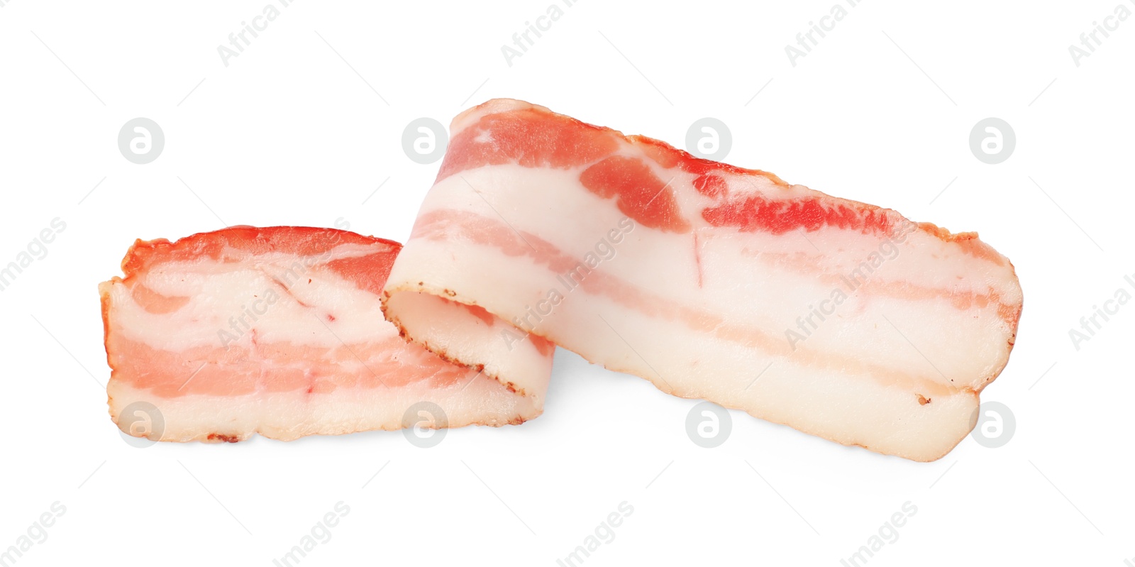 Photo of Slice of raw bacon isolated on white, top view