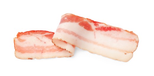 Photo of Slice of raw bacon isolated on white, top view