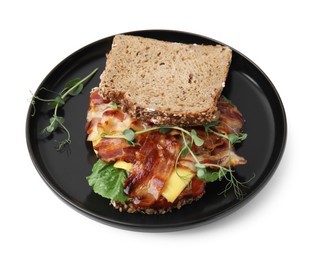 Photo of Tasty sandwich with bacon and microgreens isolated on white