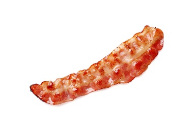 Photo of Slice of tasty fried bacon isolated on white, top view