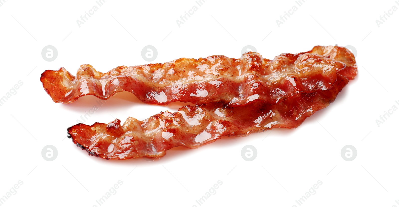 Photo of Slices of tasty fried bacon isolated on white