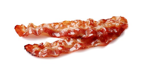 Photo of Slices of tasty fried bacon isolated on white